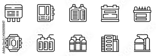 Collection of Modern Line Art Battery and Power Source Icons:  Clean, Minimalist Style for Technology, Energy, and Industrial Designs.