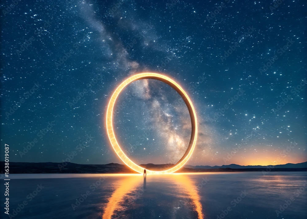 Obraz premium Surreal landscape featuring a solitary figure gazing towards a luminous glowing portal beneath a starry night sky above tranquil water.