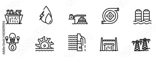 Clean Line Icons: Hydropower, Offshore Oil, Renewable Energy, Power Generation, Sustainable Energy Sources, Electricity Transmission,  Water Turbine Technology.