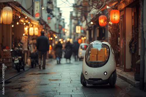 Wallpaper Mural In a lively urban neighborhood, a small delivery bot moves along the street, carrying stacked packages in a clear compartment while pedestrians and other robots interact nearby Torontodigital.ca