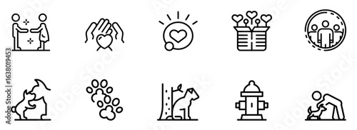 Simple Line Icons:  Love, Care, Community, Pets, and Everyday Life;  Modern Minimalist Style; Positive and Hopeful Mood.