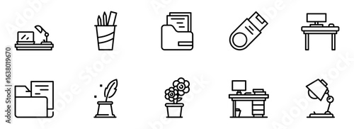 Modern Minimalist Line Art Icons: Workspace, Office Supplies, and Desk Organization; Clean, Simple Design for Productivity and Efficiency Themes.
