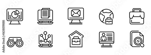 Modern Minimalist Line Icons: Global Business, Networking, Communication, and Data Analysis Concepts for Website or App Design.