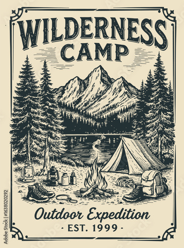 Vintage Wilderness Camp Illustration Depicting Mountains Lake and Camping Gear.