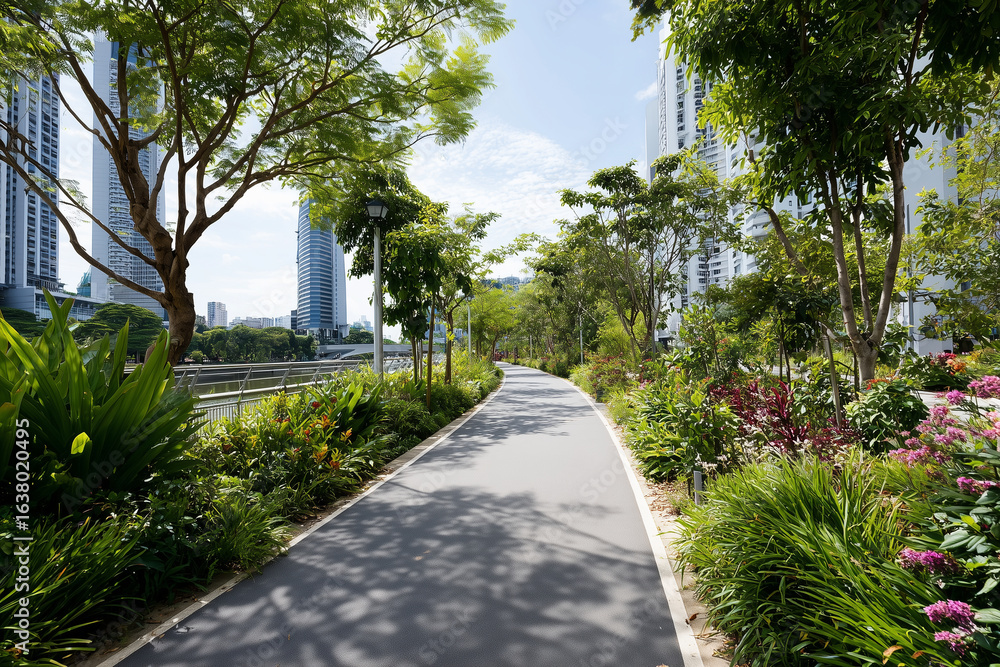 Naklejka premium Eco-friendly bike path lined with smart irrigation greenery, urban skyline and clear sky,