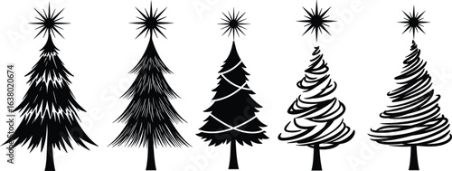 Christmas tree silhouettes, black pine designs, festive holiday decoration, star topper ornament, winter seasonal vector art, new year celebration clipart illustration