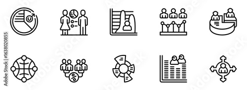 Modern Line Icons: Demographics, Statistics, Data Analysis, Business, Teamwork, Global Network, Percentage, Growth, and Progress.