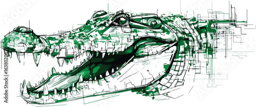 Green crocodile head illustration with abstract background design