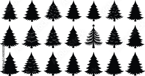 Collection of twenty Christmas tree silhouettes in various pine and fir shapes, festive black vector illustration for seasonal holiday design
