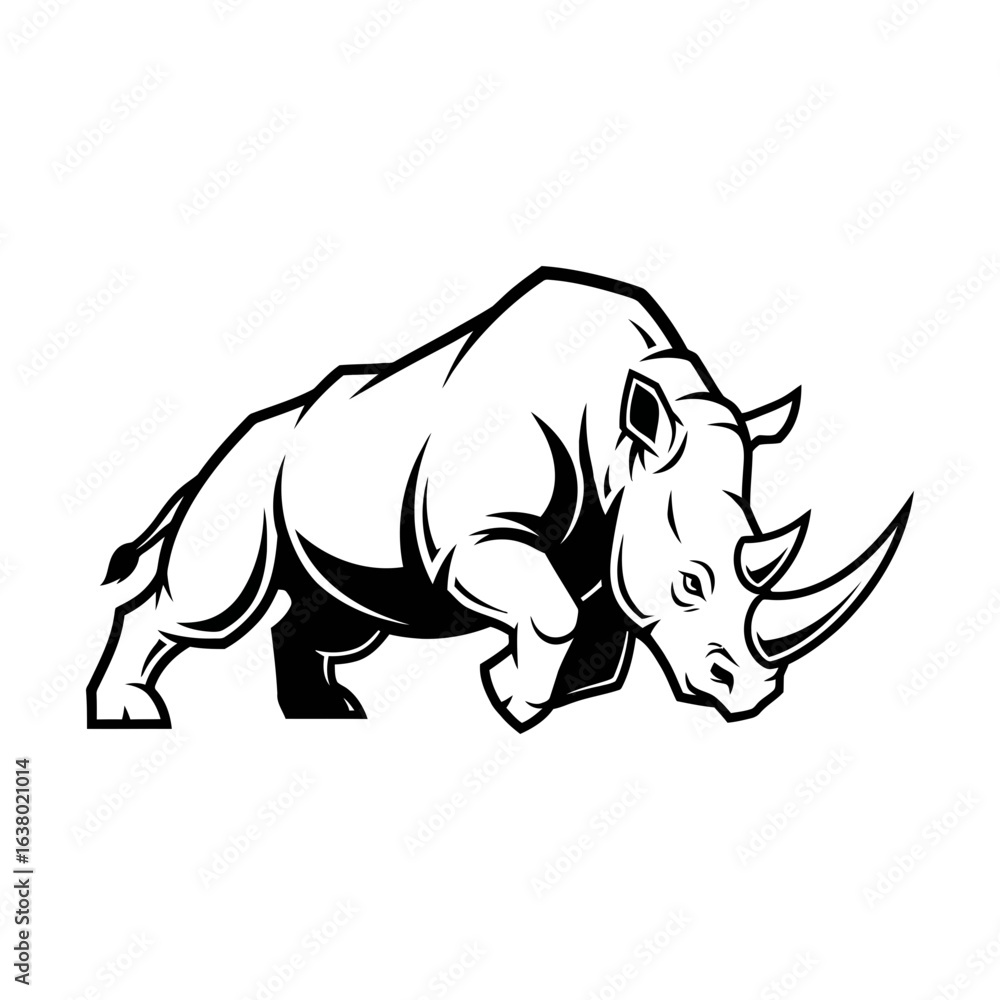 Fototapeta premium A rhinoceros illustration walks forward showing its horn and body details.
