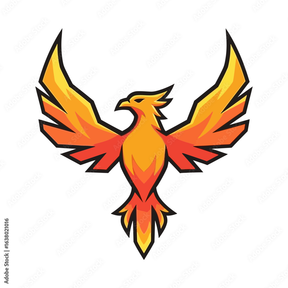 Fototapeta premium A stylized phoenix bird with outstretched wings displays orange and yellow colors.