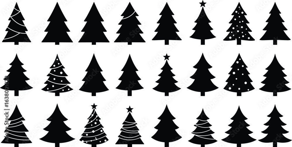 Collection of twenty Christmas tree silhouettes with stars, ornaments, and garlands, festive holiday black vector illustration for seasonal decoration and celebration design Collection of twenty Christmas tree silhouettes with stars, ornaments, and garlands, festive holiday black vector illustration for seasonal decoration and celebration design