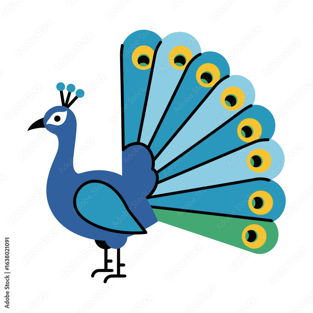 Fototapeta premium A stylized peacock illustration with a fanned tail displaying various shades of blue and green.