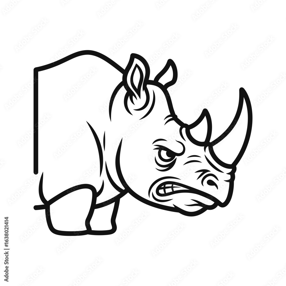 Fototapeta premium A rhinoceros head with a large horn is shown in a black and white illustration.