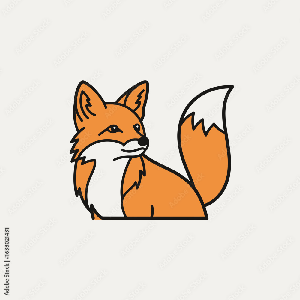 Obraz premium An orange fox illustration is sitting with its tail curved looking to the side.