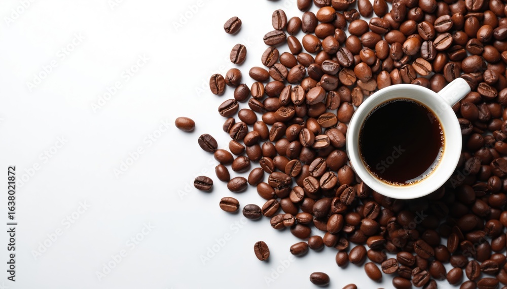 Obraz premium White cup of hot black coffee sits surrounded by roasted coffee beans. Image captures of morning beverage, perfect for breakfast caffeine boost. Rich aroma, dark color suggest strong, delicious