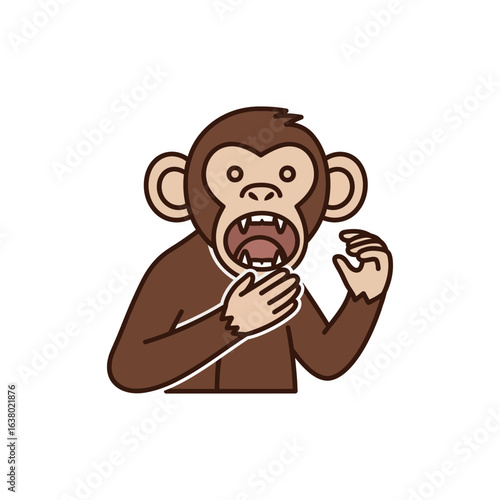Cartoon monkey with mouth open and hand near chest looking surprised or shocked.