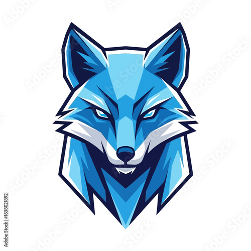 A stylized blue fox head with sharp angles and intense eyes.