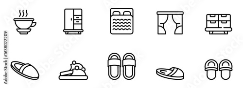 Hotel Amenities: Minimalist Line Icons of Coffee, Wardrobe, Bed, Curtains, Luggage, and Slippers; Simple, Clean, and Modern Design for Website or App.