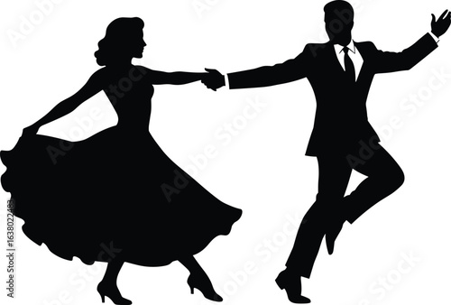 Elegant couple dancing silhouette in formal attire, swing dance pose, flat vector illustration, artistic black design for creative projects