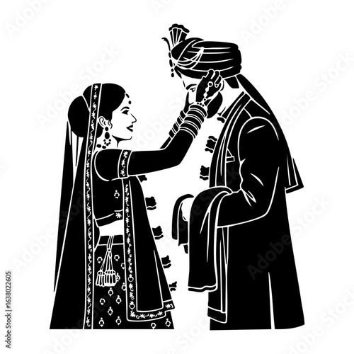 Minimal Hindu Wedding Bride Adjusting Groom Turban Vector Illustration
