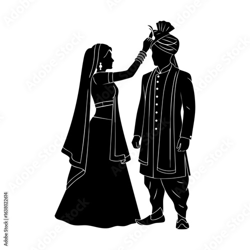 Minimal Hindu Wedding Bride Adjusting Groom Turban Vector Illustration