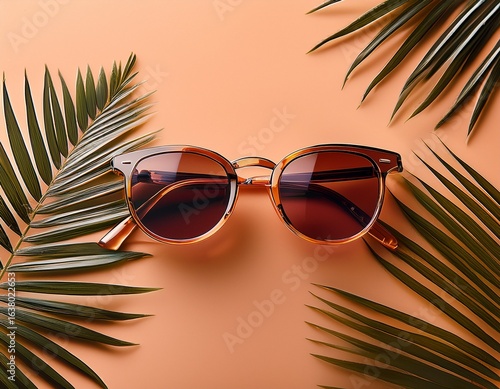 stylish sunglasses with palm leaves on a peach background