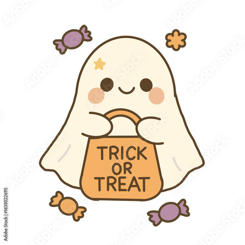งานศิลปะที่ไม่มีชื่อCute Kawaii Ghost with Trick or Treat Bag and Halloween Candy – Transparent Background
