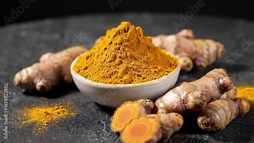 Golden Turmeric Powder in White Bowl with Roots on Dark Stone Surface