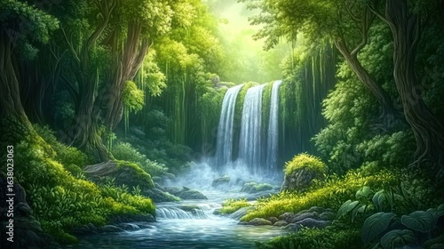 Waterfall in lush green forest