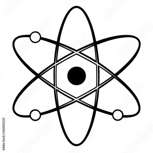 The atom symbol on a black background is a modern 3D illustration of atomic and molecular science, featuring electrons orbiting a sphere of nuclear energy