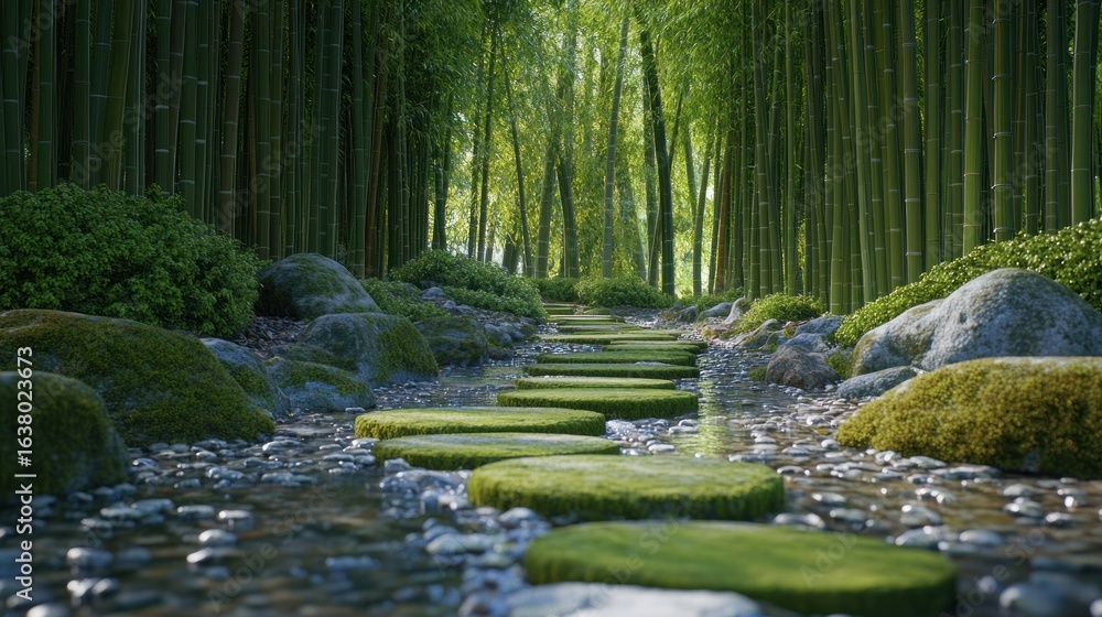 Obraz premium Bamboo forest pathway stone walk