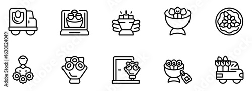 Floral Delivery Service Icons:  Modern Line Art Graphics for Website, App, and Marketing Materials, Representing Online Ordering, Delivery Truck, and Bouquet Options.