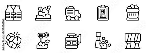 Ice Harvesting Icons:  A Collection of Ten Minimalist Line Art Illustrations Depicting Equipment, Processes, and Safety Gear Related to Ice Production and Transportation.
