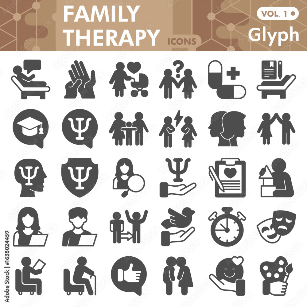 Family therapy symbols collection or sketches, psyhology theme bubble with glyph style signs for web and app. Vector graphics isolated on white background.