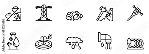Collection of ten minimalist line icons depicting industrial, construction, and water resource management concepts; perfect for infographic design, website, or app.