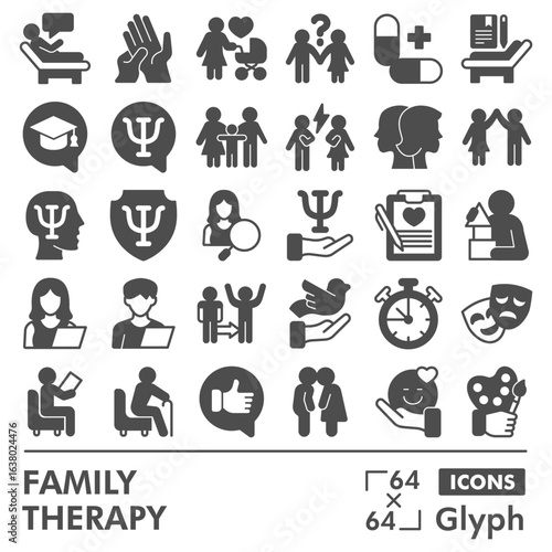 Family therapy symbols collection or sketches, psyhology theme bubble with glyph style signs for web and app. Vector graphics isolated on white background.