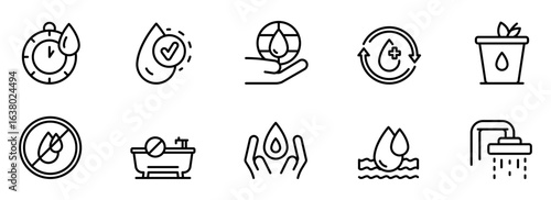 Water Conservation Icons:  A Modern Line Art Set Illustrating Water Usage, Recycling, and Preservation for Sustainable Living and Environmental Awareness Campaigns.