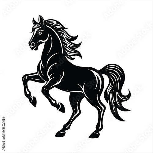 Black color silhouette of an Arabian horse with lifted leg, prancing pose, stylized silhouette, SVG icon for decals and labels on white background 
