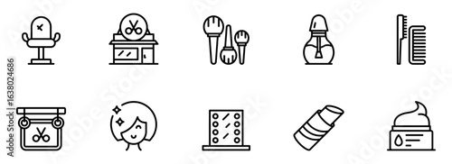 Modern Minimalist Hair Salon and Beauty Icons:  Stylish Black Line Art Graphics for Website, App, or Branding.