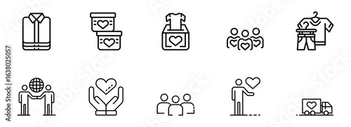 Global Charity: Line Art Icons Set – Clothing Donation, Volunteer Support, Community Giving, Humanitarian Aid,  Compassionate Help.