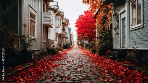 Fototapeta Naklejka Na Ścianę i Meble -  an old cobblestone street in autumn