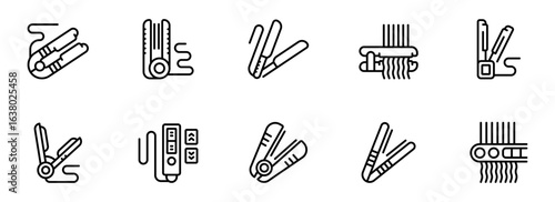 Collection of Modern Hair Straightener Icons:  Stylish Line Art Graphics for Beauty, Hair Styling, and Fashion Websites, Blogs, and Apps.