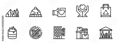 Line art icon set depicting global issues: climate change, poverty, charity, recycling, homelessness, and disaster relief; minimalist, monochrome style conveying a serious yet hopeful mood.