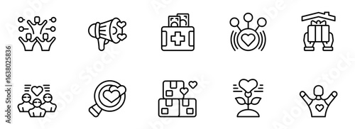 Modern Line Icons:  Heart-Centered Networking, Charity,  Giving, and  Community Support Concepts;  Positive, Uplifting Mood.