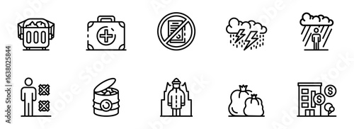 Collection of Ten Minimalist Line Icons:  Waste Disposal, First Aid, Prohibition, Storm, Rain, Rejection, Canned Food,  Security Guard, Garbage Bags, and Corporate Building.