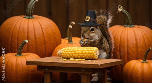 Cute squirrel in a pilgrim hat eating corn, surrounded by pumpkins for Thanksgiving.