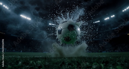 Dramatic Soccer Ball Splash Night Stadium Action Stock Photo