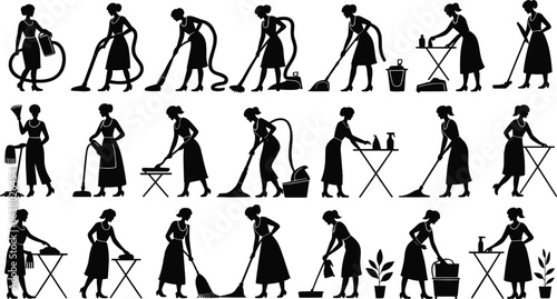 Cleaning silhouette set, household chores, vacuum, mop, sweep, iron, tidy icons, domestic work, black figures, cleaning tools, neat living visuals