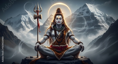 Realistic depiction of Lord Shiva in a meditative pose on a rock, with majestic mountains in the background.